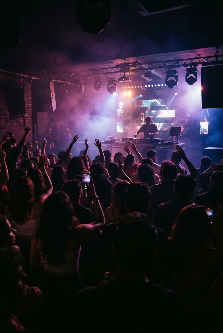 Hands raised in front of a live concert stage
