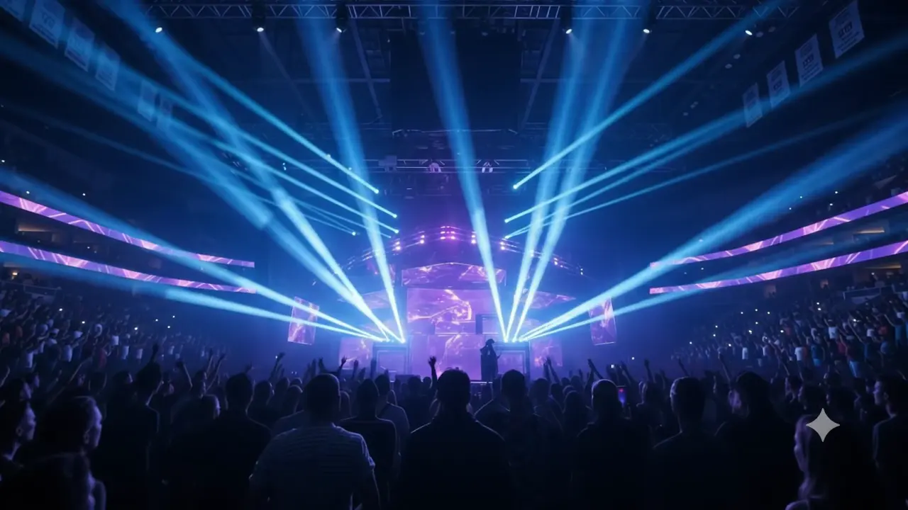 A cinematic concert stage filled with violet and blue light beams