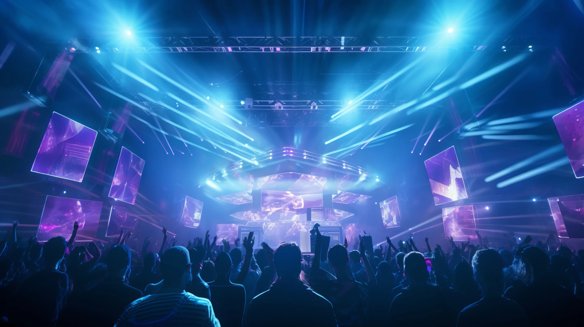 A vivid blue and purple concert lighting production
