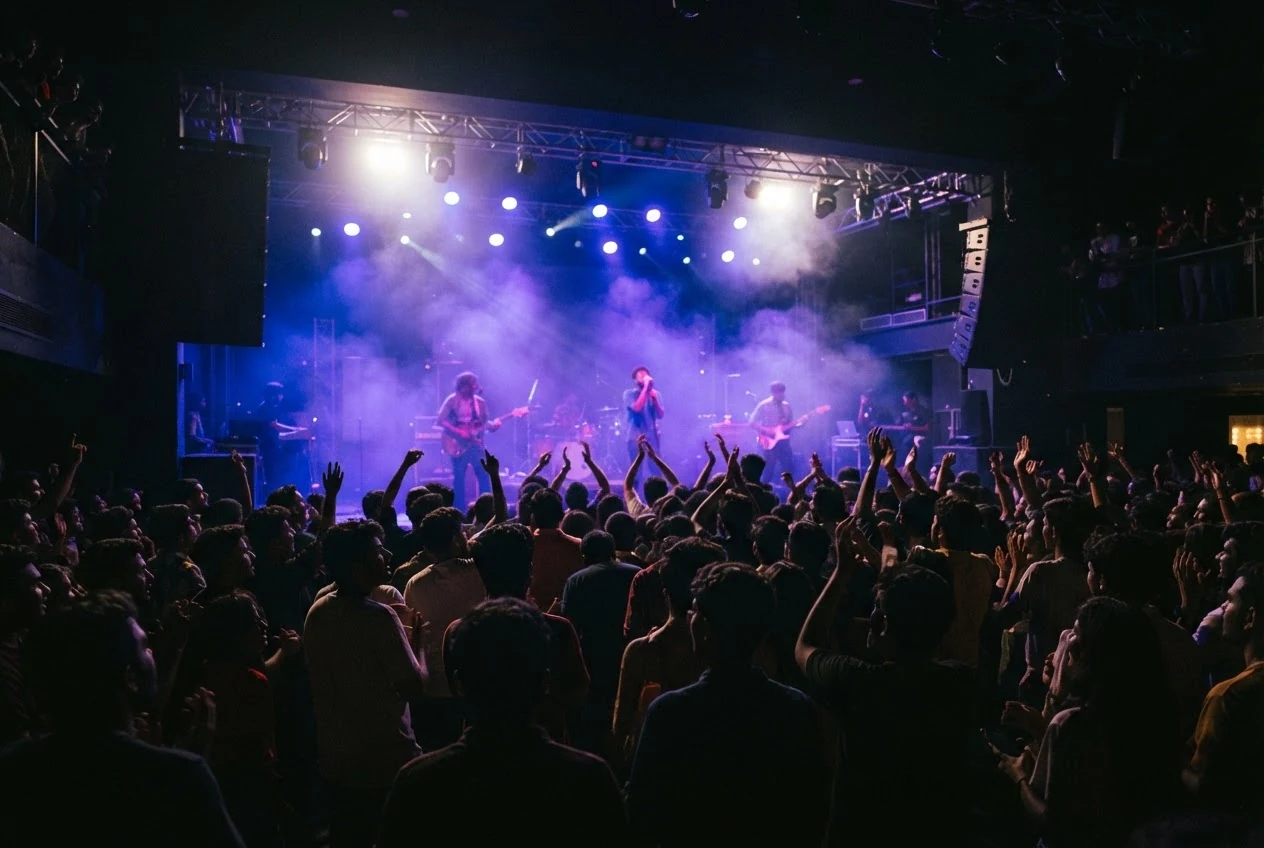 A crowd gathered beneath the lights at an outdoor live show